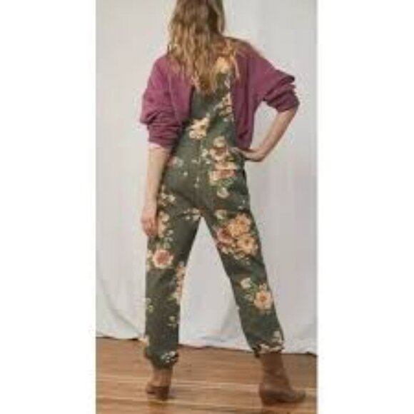 WE The Free Sz 25 Floral Patterned Olive Green Denim Overalls For Women - Picture 3 of 7